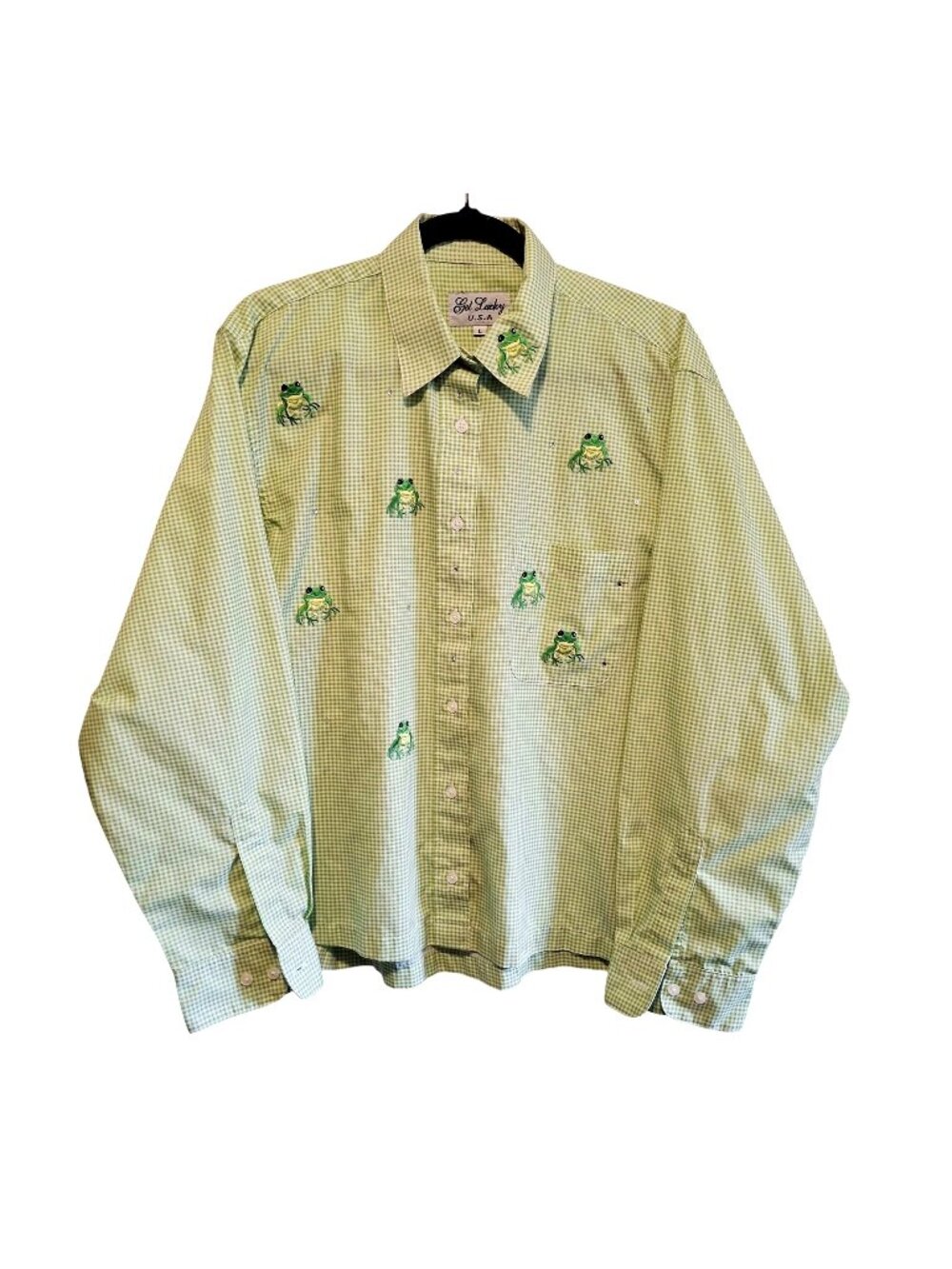 Vintage Green Gingham Embroidered Frog Button-Up Get Lucky U.S.A. Size Lg 1980's